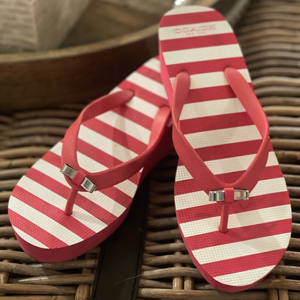 Coach Red and White Stripe With Gold Bow Thongs